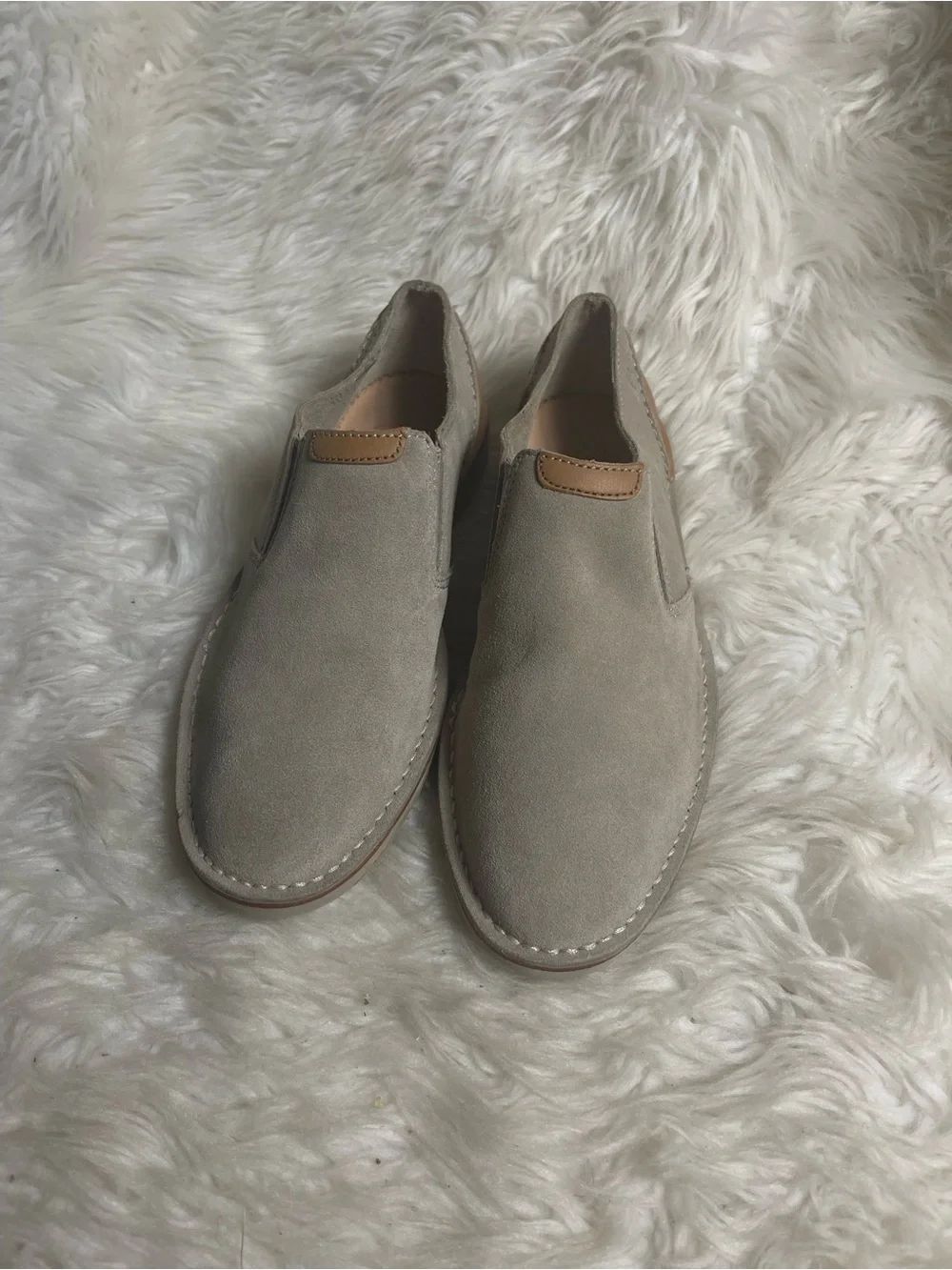 Clarks Men's Slip-On Suede Khaki with tan leather trim Casual Shoes SZ10